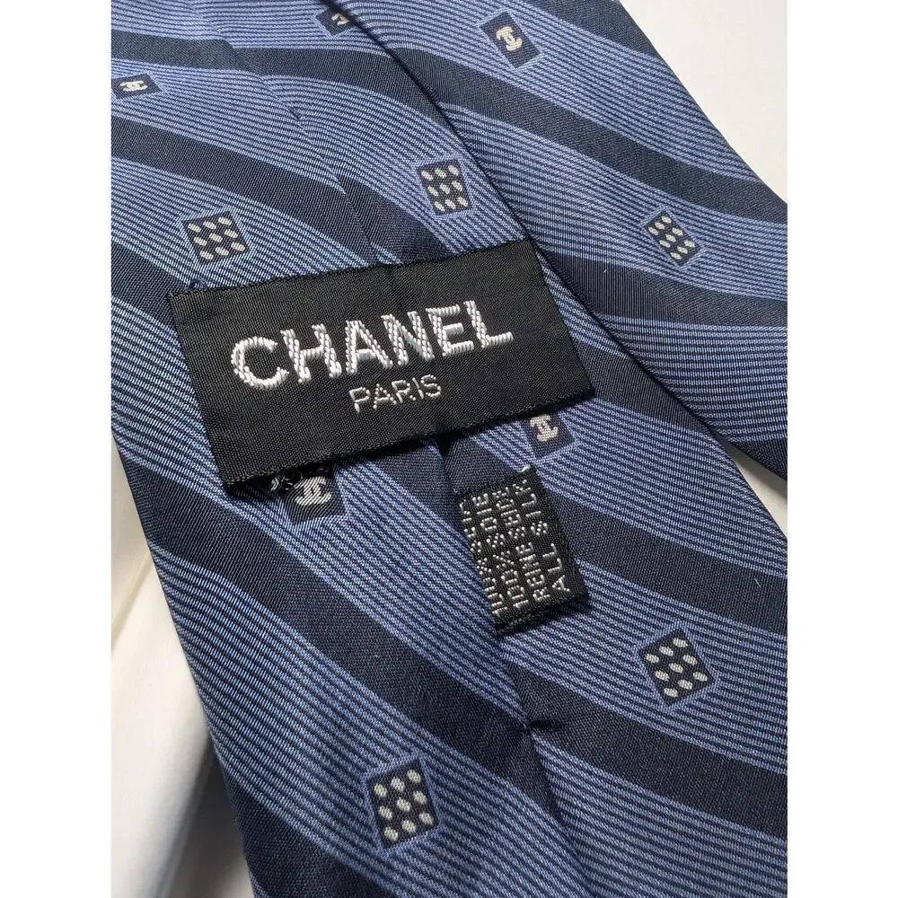 Chanel Monogram Blue and Black Striped Necktie - Giftable with Box